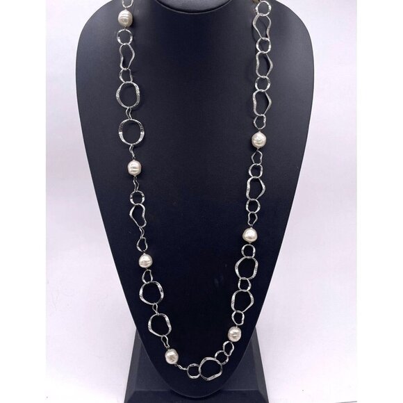 Cream Pearl Station Beaded Circle Link Chain Necklace Silver Tone 36 Inches - Picture 1 of 6